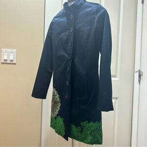 NEW ! DESIGUAL Vintage y2k Printed Navy Satin Coat & Trench Coat